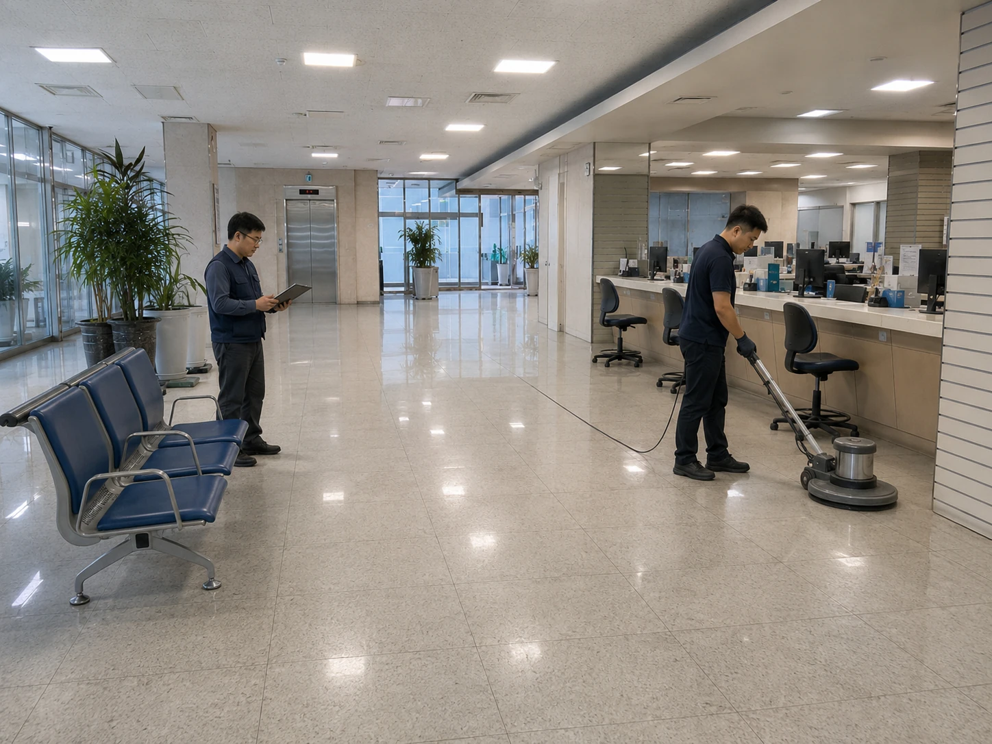 사무실 로비 대걸레 청소 작업자