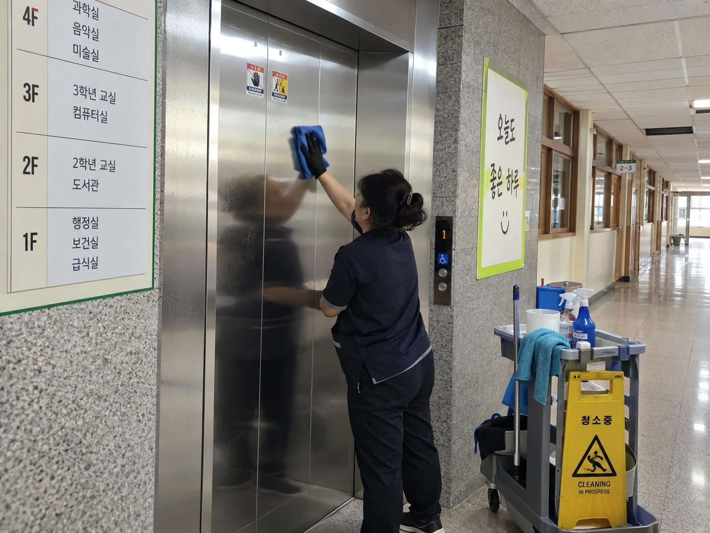 학교 엘리베이터 벽면닦기 작업자