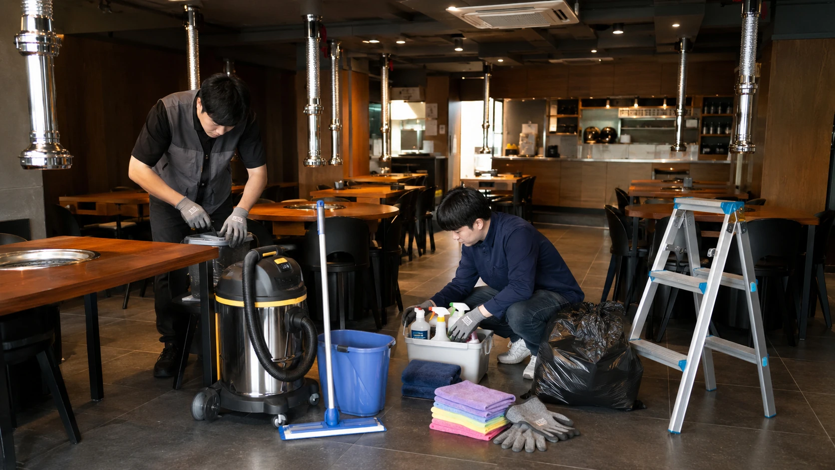 식당 테이블 바닥청소 작업자